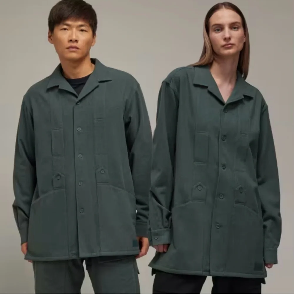 Y-3 Adidas Utilitarian Charcoal Gray Green Button-Up flannel Shirt Jacket